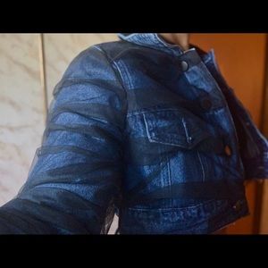 Ruched Mesh Cropped Denim Jacket